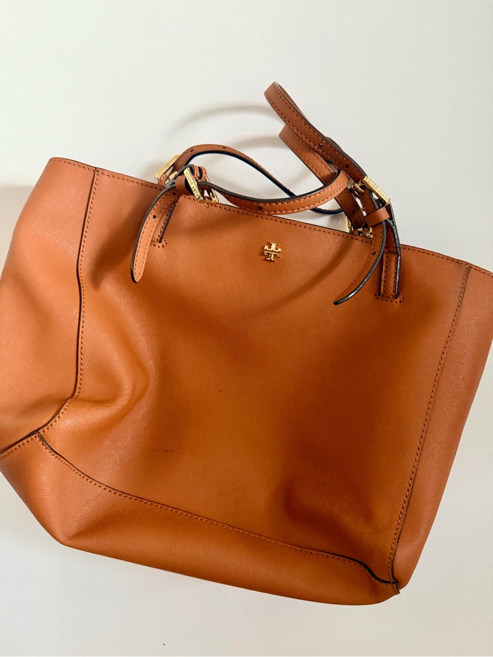 Tory Burch Saffiano Leather Tote in Cognac Brown with Gold Hardware